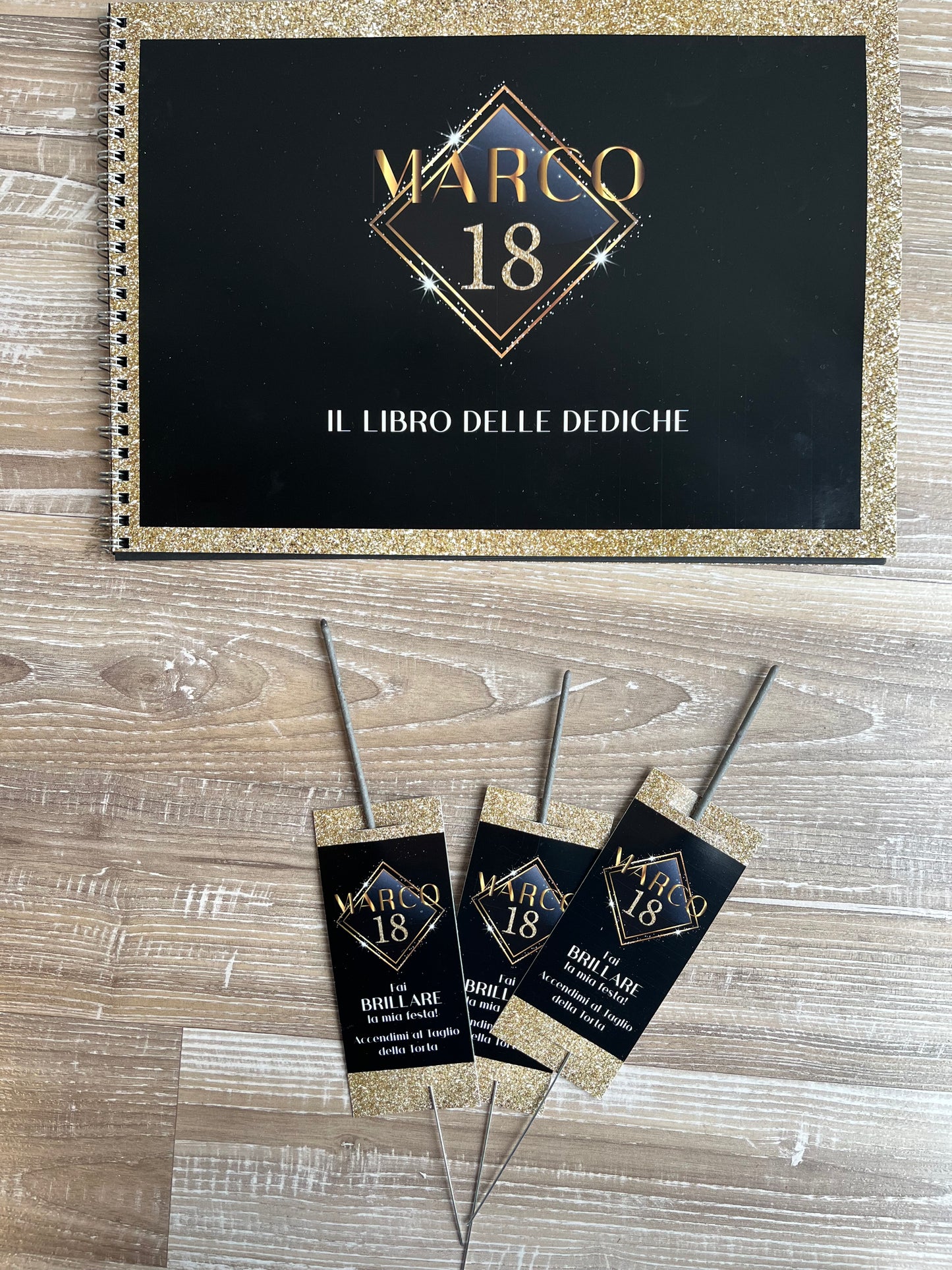 Tag stelline taglio torta COMPLEANNO GLITTER NERO E ORO